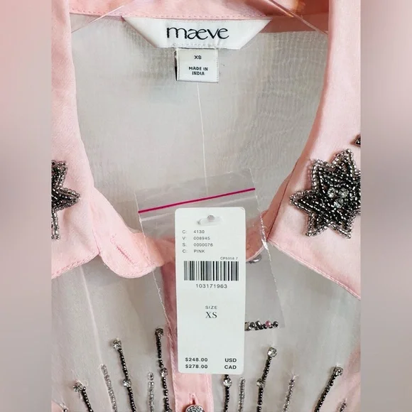 Anthropologie Maeve Pink Sheer Beaded Embroidered Short Sleeve Mini Dress NWT - Picture 11 of 15